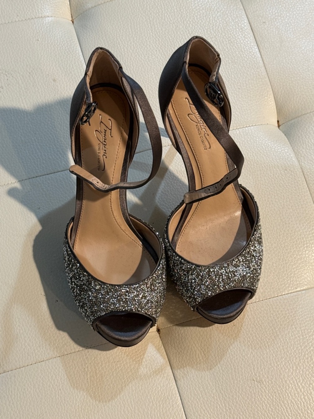 Nordstrom Brown Ankle-Strap Glitter Peep-Toe Platform Pumps